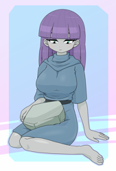 Size: 1503x2224 | Tagged: safe, artist:batipin, imported from derpibooru, maud pie, human, equestria girls, breasts, busty maud pie, cleavage, feet, female, looking down, multiple variants, rock, sitting, solo