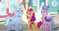 Size: 1291x692 | Tagged: safe, imported from derpibooru, screencap, queen haven, sunny starscout, alicorn, pegasus, pony, unicorn, spoiler:g5, spoiler:tyts01e18, alphabittle blossomforth, artificial horn, artificial wings, augmented, female, g5, headset mic, horn, magic, magic horn, magic wings, male, mare, my little pony: tell your tale, on your cutie marks, race swap, stallion, sunnycorn, wings