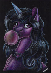 Size: 2458x3498 | Tagged: safe, artist:lupiarts, imported from derpibooru, izzy moonbow, pony, unicorn, artwork, black background, bubble, bubblegum, colored pencil drawing, colored sketch, fanart, female, food, g5, goth, goth izzy, gothic, gum, jewelry, necklace, signature, simple background, solo, traditional art