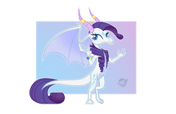 Size: 1280x832 | Tagged: safe, artist:fourteennails, imported from derpibooru, rarity, dragon, blue eyes, blue mane, claws, curly hair, dragon wings, dragoness, dragonified, female, horns, raridragon, scales, simple background, smiling, solo, species swap, spread wings, transparent background, watermark, wings