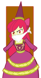 Size: 515x973 | Tagged: safe, artist:succubi samus, edit, imported from derpibooru, apple bloom, human, equestria girls, for whom the sweetie belle toils, adorabloom, angry, background removed, bondage, bound and gagged, cloth gag, clothes, cute, dress, dressup, gag, glare, hat, hennin, lidded eyes, looking at someone, over the nose gag, pole tied, princess apple bloom, simple background, solo, tied up, transparent background