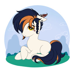 Size: 2000x2000 | Tagged: safe, artist:ynery, imported from derpibooru, oc, oc only, oc:ynery, earth pony, pony, blue mane, blue tail, brown mane, brown tail, ears back, earth pony oc, feather in hair, female, looking at you, lying down, mare, missing cutie mark, pony oc, prone, smiling, smiling at you, solo, tail, two toned mane, two toned tail, white coat, yellow eyes