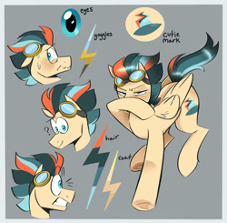 Size: 2048x2008 | Tagged: artist needed, safe, imported from derpibooru, oc, oc only, oc:turbo swifter, pegasus, adoptable, floppy ears, goggles, male, multicolored hair, paypal, question mark, selling, solo, stallion, sweat