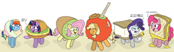 Size: 7746x2364 | Tagged: safe, artist:doodledonutart, imported from derpibooru, part of a set, applejack, fluttershy, pinkie pie, rainbow dash, rarity, twilight sparkle, alicorn, earth pony, pegasus, pony, unicorn, absurd resolution, apple, apple costume, burger, burger costume, candy apple (food), candy apple costume, cheese, clothes, comic, commission, costume, cream, dialogue, eyes closed, female, food, food costume, fruit, grilled cheese, grilled cheese costume, grilled cheese sandwich, grilled cheese sandwich costume, grin, hamburger, hay burger, ice, ice cream, ice cream costume, kiwi costume, kiwi fruit, kiwi fruit costume, mane six, mare, open mouth, open smile, pun, rarity is a marshmallow, s'mores, s'mores costume, sandwich, sandwich costume, sherbet, sherbet costume, simple background, smiling, twilight burgkle, twilight sparkle (alicorn), white background