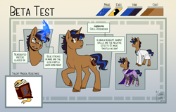 Size: 3684x2340 | Tagged: safe, artist:cosmalumi, imported from derpibooru, oc, oc:beta test, unicorn, armor, black mane, black tail, blue mane, blue tail, book, clothes, cutie mark, glasses, glowing, glowing horn, glowing mane, horn, lab coat, magic, male, reference sheet, solo, spellbook, stallion, tail, text, unshorn fetlocks, yellow eyes