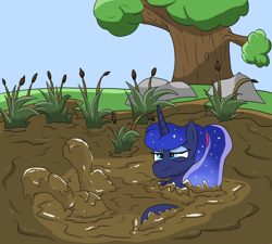 Size: 2000x1800 | Tagged: safe, artist:amateur-draw, imported from derpibooru, princess luna, alicorn, alternate hairstyle, female, mare, mud, mud bath, muddy, pond, ponytail, solo, summer, water, wet and messy