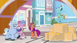 Size: 3410x1920 | Tagged: safe, imported from derpibooru, screencap, queen haven, sunny starscout, earth pony, pegasus, pony, unicorn, spoiler:g5, spoiler:my little pony: tell your tale, spoiler:tyts01e18, alphabittle blossomforth, boxes, eyes closed, falling, female, g5, high res, male, mare, my little pony: tell your tale, on your cutie marks, open mouth, pegasus royal guard, royal guard, stallion, thunder flap, youtube link