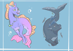 Size: 1280x890 | Tagged: safe, artist:larkplay, imported from derpibooru, oc, oc only, fish, hybrid, merpony, seapony (g4), blue background, brown eyes, bubble, digital art, dorsal fin, female, fins, fish tail, flowing tail, green eyes, jewelry, looking up, male, necklace, ocean, open mouth, simple background, smiling, swimming, tail, teeth, underwater, water, whale seapony