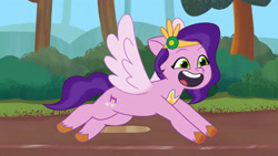 Size: 3410x1920 | Tagged: safe, imported from derpibooru, screencap, pipp petals, pegasus, pony, spoiler:g5, spoiler:my little pony: tell your tale, spoiler:tyts01e18, adorapipp, cute, female, flying, g5, high res, mare, mud, my little pony: tell your tale, on your cutie marks, open mouth, open smile, smiling, solo, spread wings, wings, youtube link
