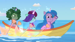 Size: 3410x1920 | Tagged: safe, imported from derpibooru, screencap, izzy moonbow, pony, unicorn, spoiler:g5, spoiler:my little pony: tell your tale, spoiler:tyts01e18, beret, boat, bongo beats, clothes, crossed hooves, curly mane, female, g5, glowing, glowing horn, hair over one eye, hat, high res, horn, magic, male, mare, my little pony: tell your tale, on your cutie marks, onyx, scarf, smiling, smug, stallion, telekinesis, trio, youtube link