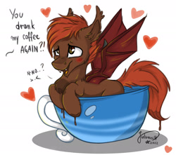 Size: 1920x1699 | Tagged: safe, artist:julunis14, imported from derpibooru, oc, oc only, oc:zack whitefang, bat pony, pony, bat pony oc, blushing, chest fluff, coffee cup, cup, cup of pony, heart, micro, simple background, solo, white background