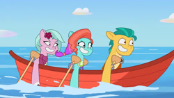 Size: 3410x1920 | Tagged: safe, imported from derpibooru, screencap, hitch trailblazer, earth pony, pony, spoiler:g5, spoiler:my little pony: tell your tale, spoiler:tyts01e18, boat, dahlia, female, g5, grin, high res, jazz hooves, male, mare, my little pony: tell your tale, on your cutie marks, shrunken pupils, smiling, stallion, trio, youtube link