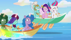 Size: 3410x1920 | Tagged: safe, imported from derpibooru, screencap, izzy moonbow, pipp petals, zipp storm, pegasus, pony, unicorn, spoiler:g5, spoiler:my little pony: tell your tale, spoiler:tyts01e18, beret, boat, bongo beats, cheating, clothes, female, flying, g5, hat, high res, magic, male, mare, my little pony: tell your tale, on your cutie marks, onyx, pegasus royal guard, peytral, royal guard, scarf, spread wings, stallion, telekinesis, thunder flap, wings, youtube link