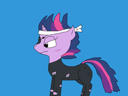 Size: 2000x1500 | Tagged: safe, artist:blazewing, imported from derpibooru, twilight sparkle, pony, unicorn, it's about time, blue background, bodysuit, catsuit, clothes, clothing damage, colored background, drawpile, eyepatch, frown, future twilight, headband, messy mane, messy tail, scar, simple background, solo, tail, unicorn twilight