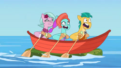 Size: 3410x1920 | Tagged: safe, imported from derpibooru, screencap, hitch trailblazer, earth pony, pony, spoiler:g5, spoiler:my little pony: tell your tale, spoiler:tyts01e18, boat, dahlia, female, g5, high res, jazz hooves, male, mare, my little pony: tell your tale, on your cutie marks, open mouth, seaweed, stallion, trio, youtube link