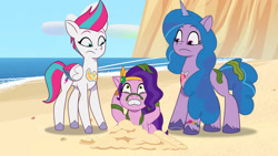 Size: 3410x1920 | Tagged: safe, imported from derpibooru, screencap, izzy moonbow, pipp petals, zipp storm, pegasus, pony, unicorn, spoiler:g5, spoiler:my little pony: tell your tale, spoiler:tyts01e18, beach, drama queen pipp, female, g5, high res, mare, my little pony: tell your tale, on your cutie marks, trio, youtube link