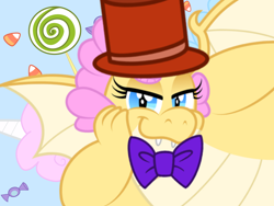 Size: 1024x768 | Tagged: safe, artist:aleximusprime, artist:disneymarvel96, edit, imported from derpibooru, oc, oc:buttercream the dragon, dragon, bedroom eyes, bowtie, chubby, condescending wonka, dragoness, fat, female, hat, meme, roald dahl, sexy, solo, top hat, willy wonka, willy wonka and the chocolate factory