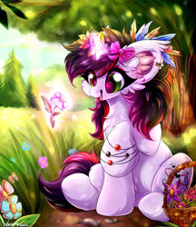 Size: 2257x2618 | Tagged: safe, artist:woonborg, imported from derpibooru, oc, oc only, oc:bloody herb, pony, unicorn, basket, bow, bracelet, chest fluff, ear fluff, feather, flower, flower in hair, hair bow, jewelry, magic, solo, tree