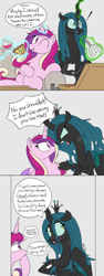 Size: 2000x5292 | Tagged: safe, artist:icey, imported from derpibooru, princess cadance, queen chrysalis, alicorn, changeling, changeling queen, pony, alcohol, blatant lies, blushing, cadalis, cute, cutealis, duo, duo female, female, fleetwood mac, food, glass, infidelity, lesbian, lies, mare, pizza, shipping, song reference, wine, wine glass