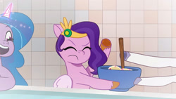 Size: 3410x1920 | Tagged: safe, imported from derpibooru, screencap, izzy moonbow, pipp petals, zipp storm, pegasus, pony, unicorn, spoiler:g5, spoiler:my little pony: tell your tale, spoiler:tyts01e18, bowl, cereal, eyes closed, female, flashback, food, g5, high res, magic, mare, my little pony: tell your tale, offscreen character, on your cutie marks, open mouth, open smile, smiling, solo focus, telekinesis, youtube link