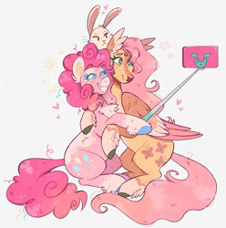 Size: 1280x1289 | Tagged: safe, artist:wanderingpegasus, imported from derpibooru, angel bunny, fluttershy, pinkie pie, earth pony, pegasus, pony, rabbit, animal, cellphone, chest fluff, cute, diapinkes, duo, female, freckles, grin, heart, hug, leg fluff, male, mare, markings, phone, redesign, selfie, selfie stick, shyabetes, simple background, smartphone, smiling, unshorn fetlocks, white background