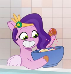 Size: 1828x1908 | Tagged: safe, imported from derpibooru, screencap, pipp petals, pegasus, pony, spoiler:g5, spoiler:my little pony: tell your tale, spoiler:tyts01e18, bowl, cereal, female, flashback, food, g5, glitter, grin, magic, mare, my little pony: tell your tale, on your cutie marks, open mouth, open smile, smiling, solo focus, telekinesis