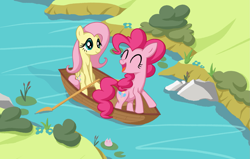 Size: 1751x1113 | Tagged: safe, artist:reconprobe, imported from derpibooru, fluttershy, pinkie pie, earth pony, pegasus, pony, boat, duo, river, water