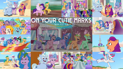 Size: 1280x720 | Tagged: safe, edit, edited screencap, editor:quoterific, imported from derpibooru, screencap, hitch trailblazer, izzy moonbow, pipp petals, queen haven, sunny starscout, zipp storm, alicorn, earth pony, pegasus, pony, unicorn, spoiler:g5, spoiler:my little pony: tell your tale, spoiler:tyts01e18, alphabittle blossomforth, alpine aspen, balloon, beach, berries (g5), boat, bongo beats, cherry flyaway, dahlia, eyes closed, female, flare (g5), flying, g5, grin, lemon gear, magic, male, mane five (g5), mare, mud, my little pony: tell your tale, on your cutie marks, open mouth, open smile, plum library, posey bloom, race swap, rocky riff, running, smiling, sports, spread wings, stallion, sugarpuff lilac, sunnycorn, telekinesis, text, thunder flap, volleyball, wings, zoom zephyrwing