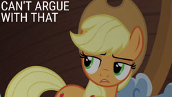 Size: 1280x720 | Tagged: safe, edit, edited screencap, editor:quoterific, imported from derpibooru, screencap, applejack, earth pony, pony, season 6, viva las pegasus, applejack's hat, cowboy hat, female, hat, mare, solo, text