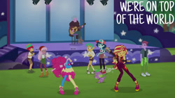 Size: 1280x720 | Tagged: safe, edit, edited screencap, editor:quoterific, imported from derpibooru, screencap, pinkie pie, snails, spike, spike the regular dog, sunset shimmer, dog, human, equestria girls, equestria girls series, wake up!, spoiler:eqg series (season 2), eyes closed, female, geode of empathy, magical geodes, male, music festival outfit, open mouth, open smile, smiling, text, wake up!: pinkie pie