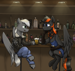 Size: 1786x1688 | Tagged: safe, artist:sinrar, imported from derpibooru, oc, oc only, oc:crafted sky, hippogriff, pegasus, pony, alcohol, bar, clothes, duo, looking at each other, looking at someone, male, open mouth, sitting, socks, stallion