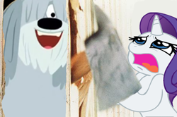 Size: 470x312 | Tagged: safe, edit, imported from derpibooru, rarity, dog, pony, unicorn, axe, crossover, female, here's johnny, male, mare, niblet, pound puppies, secret butt fun, the shining, weapon