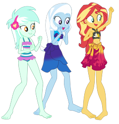 Size: 4236x4406 | Tagged: safe, artist:gmaplay, imported from derpibooru, lyra heartstrings, sunset shimmer, trixie, human, equestria girls, i'm on a yacht, spoiler:eqg series (season 2), absurd resolution, armpits, arms in the air, bare shoulders, barefoot, clothes, eyebrows, feet, female, grin, hands in the air, lyra heartstrings swimsuit, lyra's beach shorts swimsuit, open mouth, open smile, simple background, sleeveless, smiling, sunset shimmer's beach shorts swimsuit, swimsuit, swimsuit lyra heartstrings, swimsuit sunset shimmer, swimsuit trixie, transparent background, trio, trio female, trixie's beach shorts swimsuit