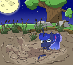 Size: 2000x1800 | Tagged: safe, alternate version, artist:amateur-draw, imported from derpibooru, princess luna, alicorn, pony, alternate hairstyle, female, mare, moon, moonlight, mud, mud bath, muddy, night, pond, ponytail, solo, summer, water, wet and messy