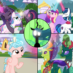 Size: 1280x1281 | Tagged: safe, artist:hate-love12, imported from derpibooru, cozy glow, pharynx, princess cadance, princess flurry heart, queen chrysalis, shining armor, thorax, twilight sparkle, alicorn, changedling, changeling, changeling queen, pegasus, pony, unicorn, base used, beard, facial hair, female, king thorax, male, mare, older, older cozy glow, older flurry heart, prince pharynx, stallion, twilight sparkle (alicorn)