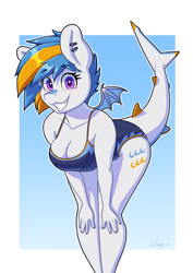 Size: 2480x3508 | Tagged: safe, artist:dandy, imported from derpibooru, oc, oc only, oc:gulfstream, anthro, original species, shark, shark pony, bat wings, breasts, cleavage, clothes, ear piercing, female, hands on knees, high res, leaning forward, looking at you, one-piece swimsuit, piercing, shark pony oc, sharp teeth, smiling, smiling at you, solo, swimsuit, teeth, wings