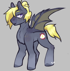 Size: 654x659 | Tagged: safe, artist:tyotheartist1, imported from derpibooru, oc, oc:lemon eye, bat pony, pony, bat pony oc, chest fluff, freckles, gray coat, male, purple eyes, signature, simple background, spread wings, stallion, tail, wings, yellow mane, yellow tail