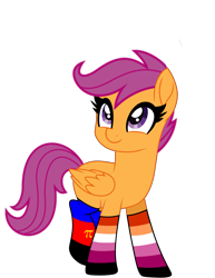 Size: 2975x3850 | Tagged: safe, artist:taeko, imported from derpibooru, scootaloo, pegasus, pony, base used, clothes, cute, cutealoo, female, folded wings, lesbian pride flag, looking up, no source, one leg raised, polyamorous pride flag, pride, pride flag, show accurate, simple background, smiling, stockings, thigh highs, transparent background, wings