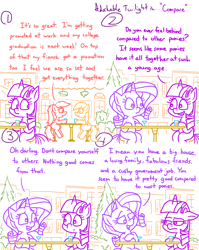 Size: 4779x6013 | Tagged: safe, artist:adorkabletwilightandfriends, imported from derpibooru, apple cobbler, rarity, twilight sparkle, oc, oc:marie, alicorn, pony, unicorn, comic:adorkable twilight and friends, adorkable, adorkable twilight, apple family member, comic, comparison, conversation, cute, dork, downtown, drink, drinking, eavesdropping, female, freckles, mare, ponyville, sitting, slice of life, smiling, table, twilight sparkle (alicorn), twilight sparkle is not amused, unamused, uncomfortable
