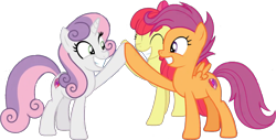 Size: 1210x613 | Tagged: safe, artist:pascalmulokozi2, edit, edited screencap, imported from derpibooru, screencap, apple bloom, scootaloo, sweetie belle, earth pony, pegasus, pony, unicorn, growing up is hard to do, season 9, spoiler:s09, apple bloom's bow, background removed, bow, cutie mark crusaders, female, hair bow, older, older apple bloom, older scootaloo, older sweetie belle, simple background, transparent background, trio, trio female