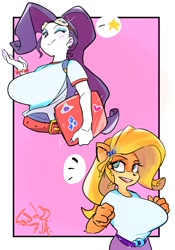 Size: 1400x2000 | Tagged: safe, artist:sozglitch, imported from derpibooru, rarity, anthro, bandicoot, human, equestria girls, activision, big breasts, breasts, busty rarity, clothes swap, coco bandicoot, crash bandicoot (series), crossover, duo, duo female, female, huge breasts, looking at you, one eye closed, open mouth, open smile, smiling, wink, winking at you