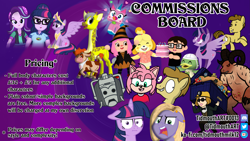 Size: 5249x2953 | Tagged: safe, artist:tidmouthmilk12, imported from derpibooru, doctor whooves, starlight glimmer, time turner, twilight sparkle, oc, oc:tidmouth milk, cyberman, giraffe, human, original species, pony, equestria girls, advertisement, amy rose, animal crossing, bovine, commission info, doctor who, fallout, lego, meme, sonic the hedgehog (series), unikitty, vector