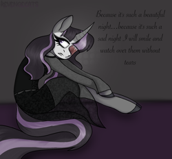 Size: 1493x1384 | Tagged: safe, artist:revenge.cats, imported from derpibooru, oc, oc only, semi-anthro, unicorn, clothes, dress, eyeshadow, goth, lipstick, makeup, one eyed, scar, sitting, solo, song reference