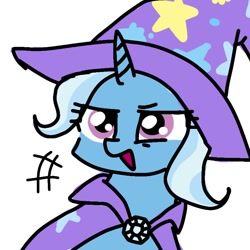 Size: 768x768 | Tagged: safe, artist:namaenonaipony, imported from derpibooru, trixie, pony, unicorn, brooch, bust, cape, clothes, female, hat, horn, jewelry, mare, open mouth, simple background, solo, trixie's brooch, trixie's cape, trixie's hat, white background