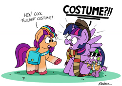 Size: 1024x725 | Tagged: safe, artist:bobthedalek, imported from derpibooru, spike, sunny starscout, twilight sparkle, alicorn, dragon, earth pony, pony, spoiler:g5, atg 2022, back to the future, bag, clock, clothes, crossover, doctor who, female, fourth doctor's scarf, g4, g5, male, mare, marty mcfly, newbie artist training grounds, saddle bag, scarf, striped scarf, sunglasses, sunny and her heroine, time travel, trio, twilight sparkle (alicorn), unshorn fetlocks