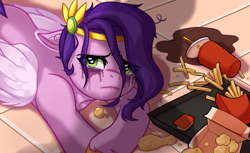 Size: 1977x1212 | Tagged: safe, artist:maren, imported from derpibooru, pipp petals, pegasus, pony, abuse, chicken meat, chicken nugget, crying, drumstick, female, food, french fries, g5, makeup, mare, meat, meme, pepe the frog, ponies eating meat, ponified meme, running makeup, sad, sadorable, soda, solo, unshorn fetlocks