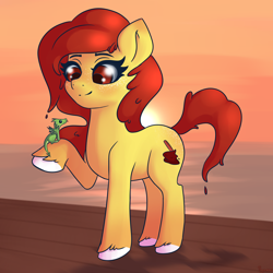 Size: 3000x3000 | Tagged: safe, artist:plaguemare, imported from derpibooru, oc, oc only, oc:shoveldafries, dragon, earth pony, pony, :p, baby, baby dragon, female, mare, smiling, sunset, tongue out