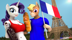 Size: 3840x2160 | Tagged: safe, artist:senthaurekmern, imported from derpibooru, rarity, oc, oc:nickyequeen, anthro, donkey, plantigrade anthro, unicorn, 3d, alcohol, baguette, bastille day, bottle, bread, clothes, commissioner:nickyequeen, eiffel tower, eyeshadow, flag, food, france, french, lipstick, makeup, pride, red lipstick, red wine, source filmmaker, wine, wine bottle