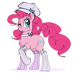 Size: 1985x1970 | Tagged: safe, artist:hattsy, pinkie pie, earth pony, pony, candy, choker, clothes, female, food, hat, lollipop, mare, mouth hold, one eye closed, raised hoof, simple background, socks, solo, white background, wink