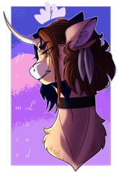 Size: 710x1036 | Tagged: safe, artist:kat-the-true-kitkat, imported from derpibooru, oc, oc only, pony, unicorn, bust, choker, curved horn, female, horn, mare, simple background, solo, transparent background, unicorn oc